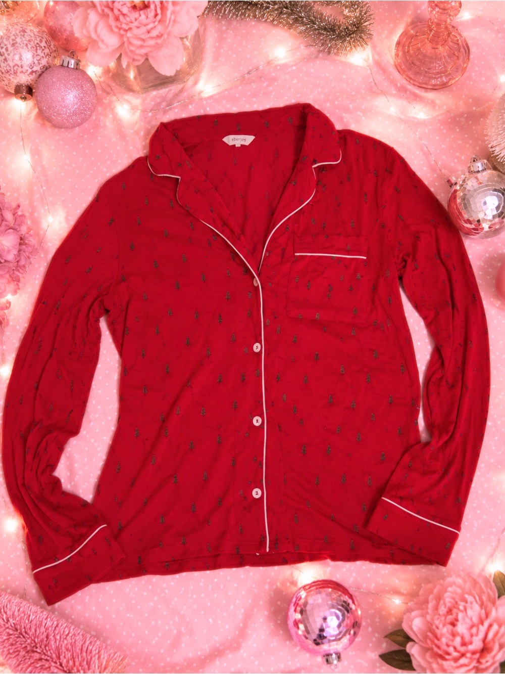 Eberjey Limited Edition Print Christmas Tree Pajama Top Small Holiday Button Up